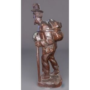 Vintage Large Hand Carved Wood Man with Backpack 15 in. Figurine Statue Heavy